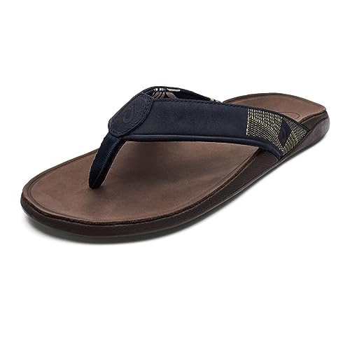 OLUKAI Tuahine Men's Waterproof Leather Sandals, Versatile Beach Flip Flops, Arch Support & Comfort Fit, Lightweight & Durable, Enhanced Grip & Traction, Trench Blue/Dk Wood, 15 | Amazon (US)