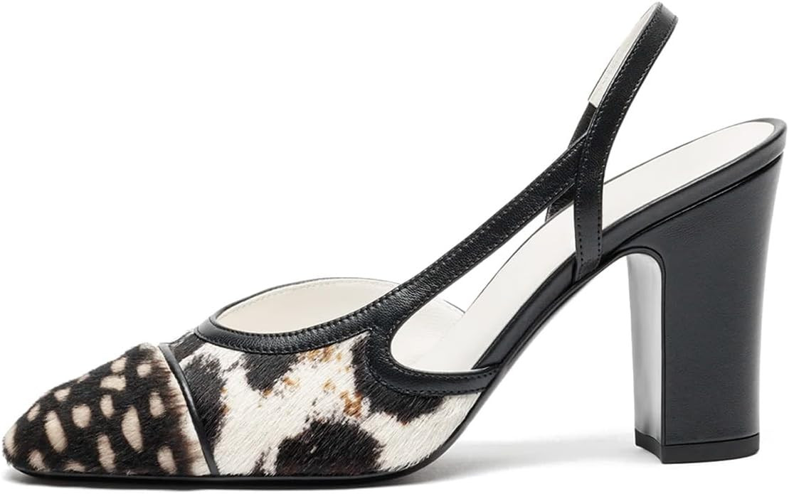 Womens Slingback Pumps Cow Closed Round Toe Chunky Block Heels | Amazon (US)