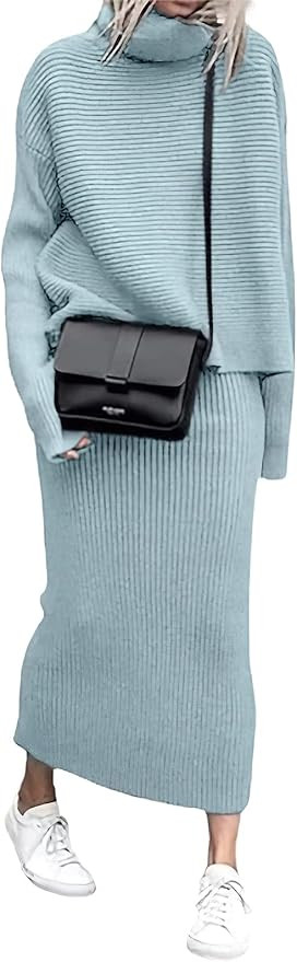 ebossy Womens Ribbed Knit Sweater Outfits Casual Loose 2 Piece Turtleneck Pullovers Elastic Waist... | Amazon (US)