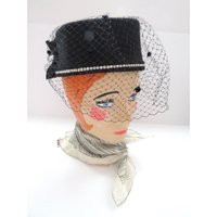 1970S Black Womens Pillbox Hat By Geo W Bollman - Rhinestones Ribbon Polka Dot Veil Doeskin Felt Wool Millinery Fashion Accessories | Etsy (US)