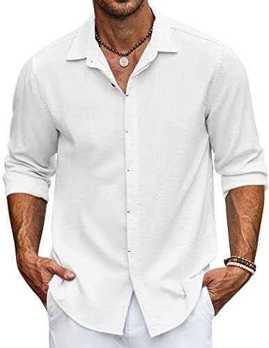 COOFANDY Men's Beach Shirt Long Sleeve Beach Butto Up Shirt Wedding Shirt for Men White | Amazon (US)