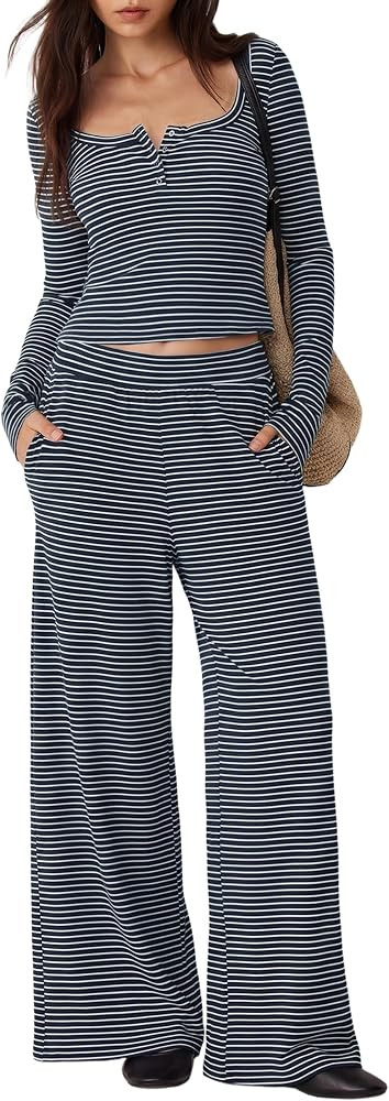 MOOSLOVER Women 2 Piece Matching Lounge Sets Henley Shirt Pants Sets | Amazon (US)