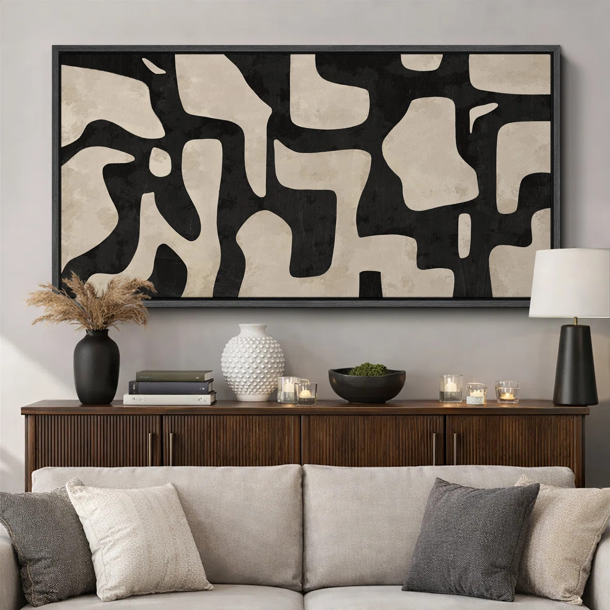 Mid Century Shape Abstract Contours, Black And White Beige Artwork, Retro Bedroom Home Decor, Ext... | Wayfair North America