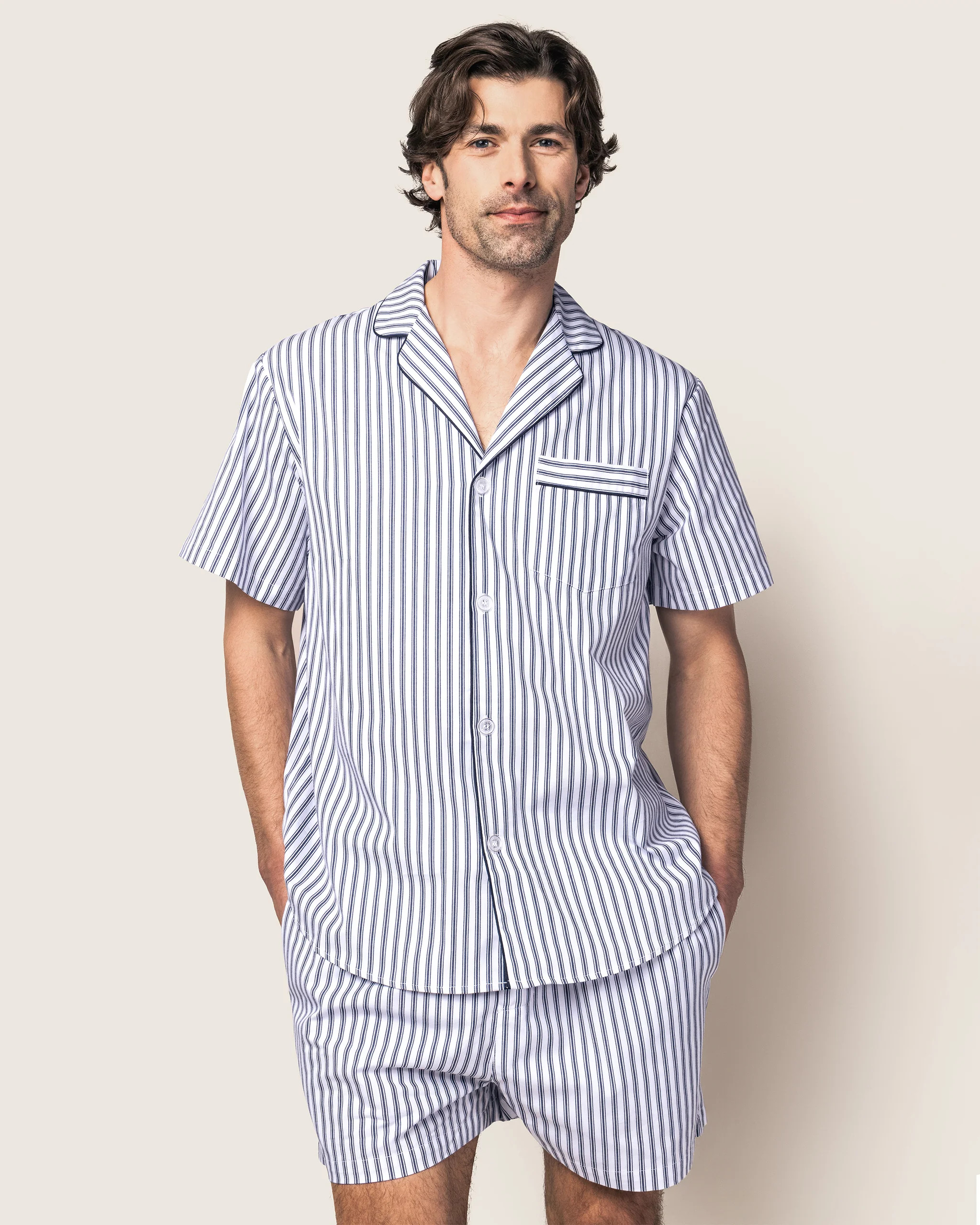 Men's Twill Pajama Short Set in Navy French Ticking | Petite Plume