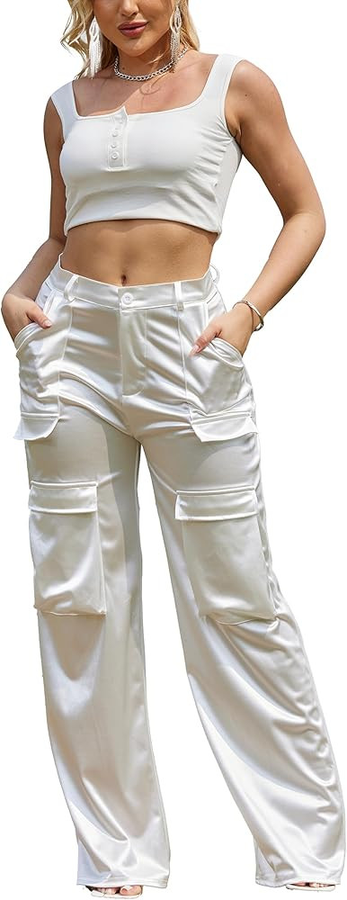 Womens High Waisted Satin Cargo Pants Loose Fit Wide Leg Trousers with Pockets Trendy Outfit | Amazon (US)