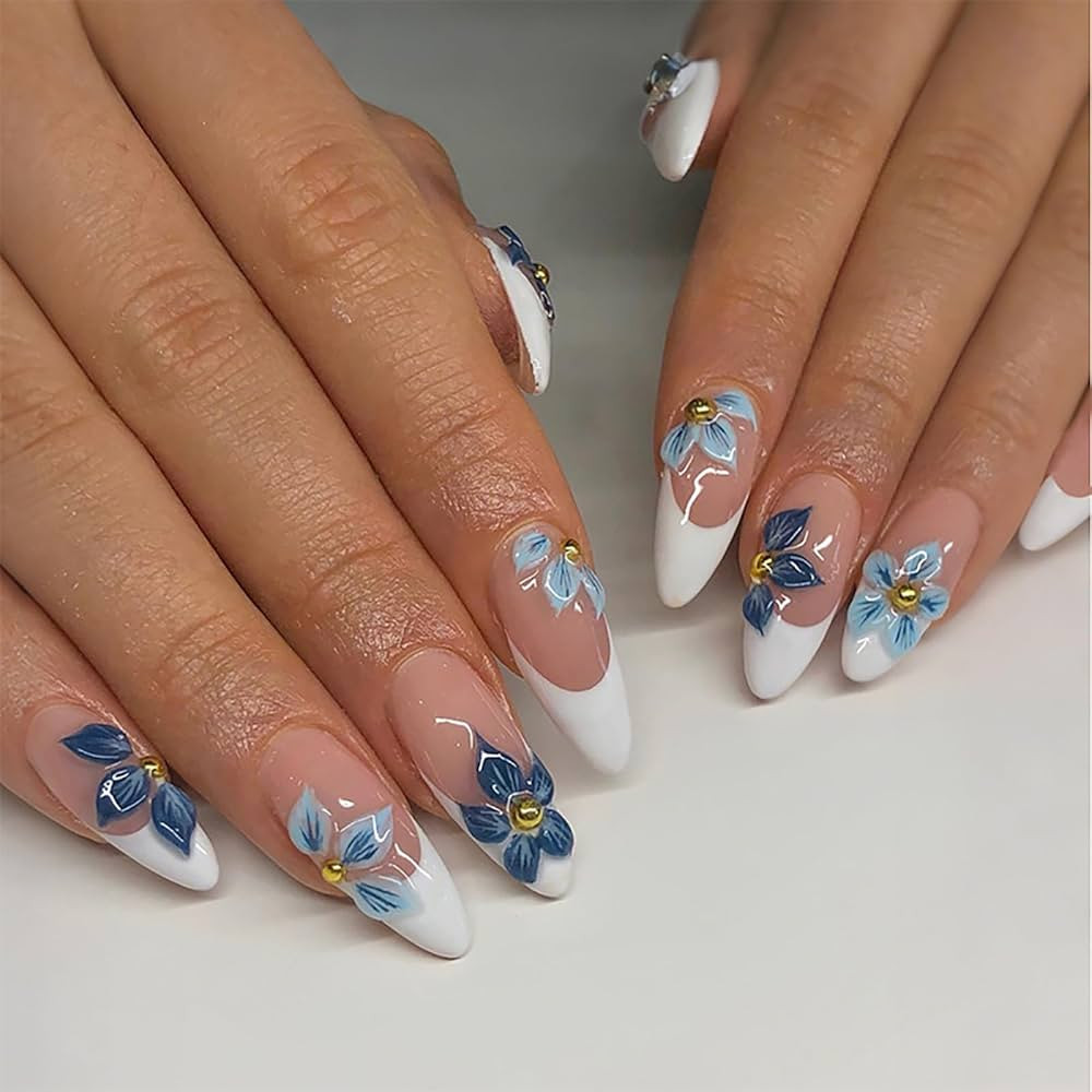 3D Flower Press on Nails Medium Almond, Natural Nude Blue White French Tip Daily Press ons for Wo... | Amazon (US)