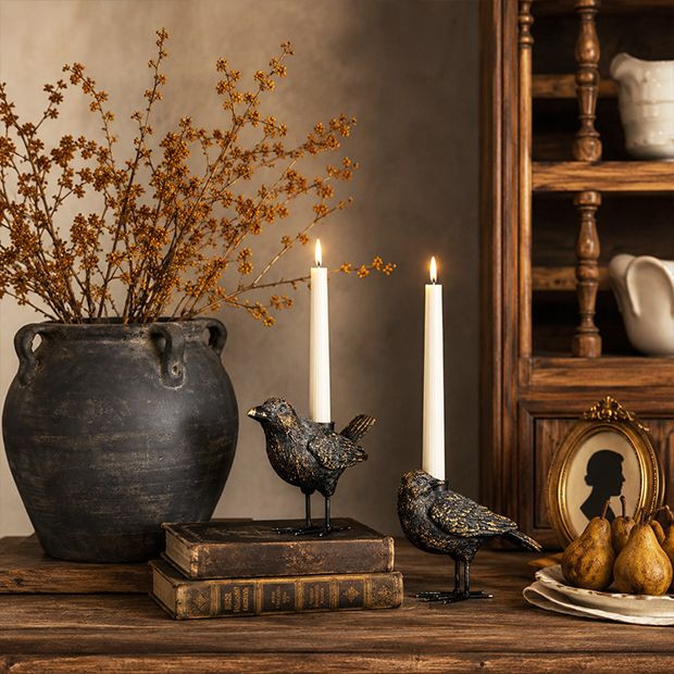 Shadow Perch Crow Taper Holder Set of 2 | Antique Farm House