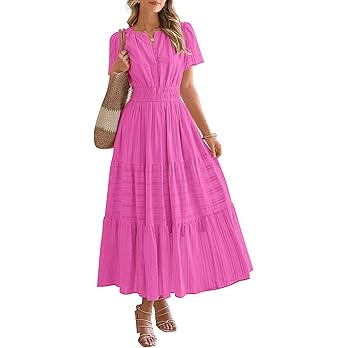BTFBM Womens Summer 2026 Casual Midi Maxi Dresses Lightweight Short Sleeve V Neck Elastic Waist B... | Amazon (US)