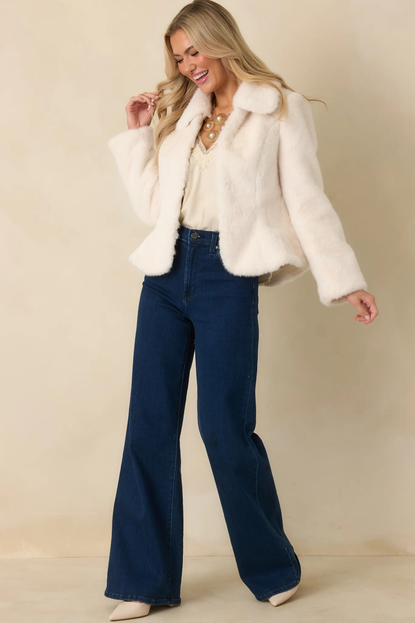 Roam Free Ivory Faux Fur Fitted Coat | Red Dress