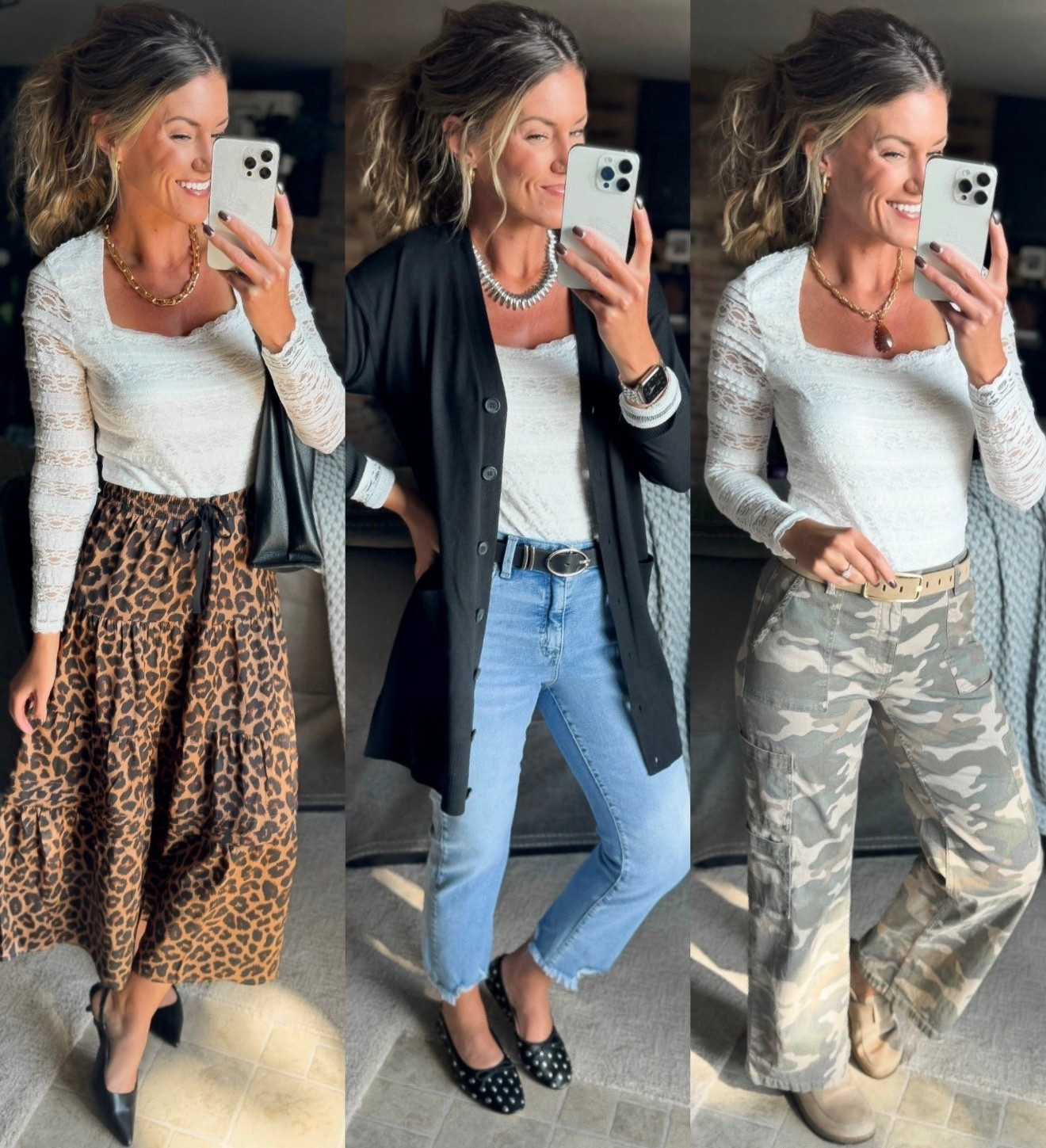 #walmartner 3 different ways to style this pretty lace bodysuit. 
Bodysuit/ medium 
Skirt/small
Cardigan/ small
Jeans/6
Camo pants/ medium 

#LTKStyleTip #LTKSeasonal