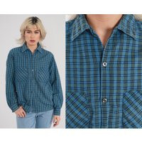 Blue Plaid Shirt 70S Flannel Button Up Retro Lumberjack Long Sleeve Boyfriend Green Checkered Print Top Vintage 1970S Medium M | Etsy (US)