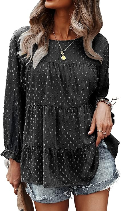 PRETTYGARDEN Women's Summer Loose Chiffon Blouse Mesh Long Sleeve Casual Round Neck Peplum Tops | Amazon (US)
