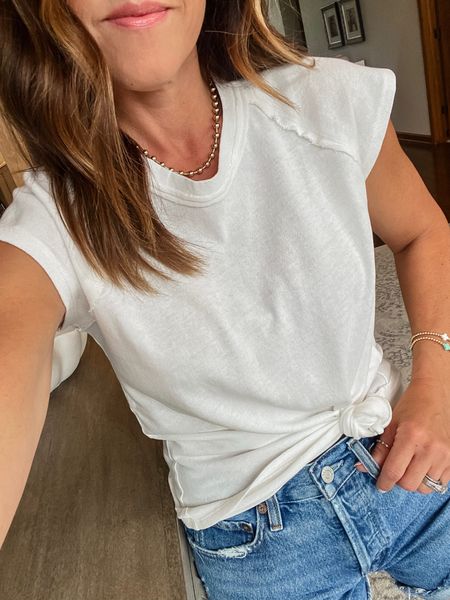 Summer tee. A really cute fit to the sleeve. 
Size small here. 
Variety of colors. 
Necklace / use discount code: twopeasinablog @mirandafrye 
Lip liner: pillow talk light
Lipstick: sellout

#LTKover40 #LTKSeasonal #LTKstyletip