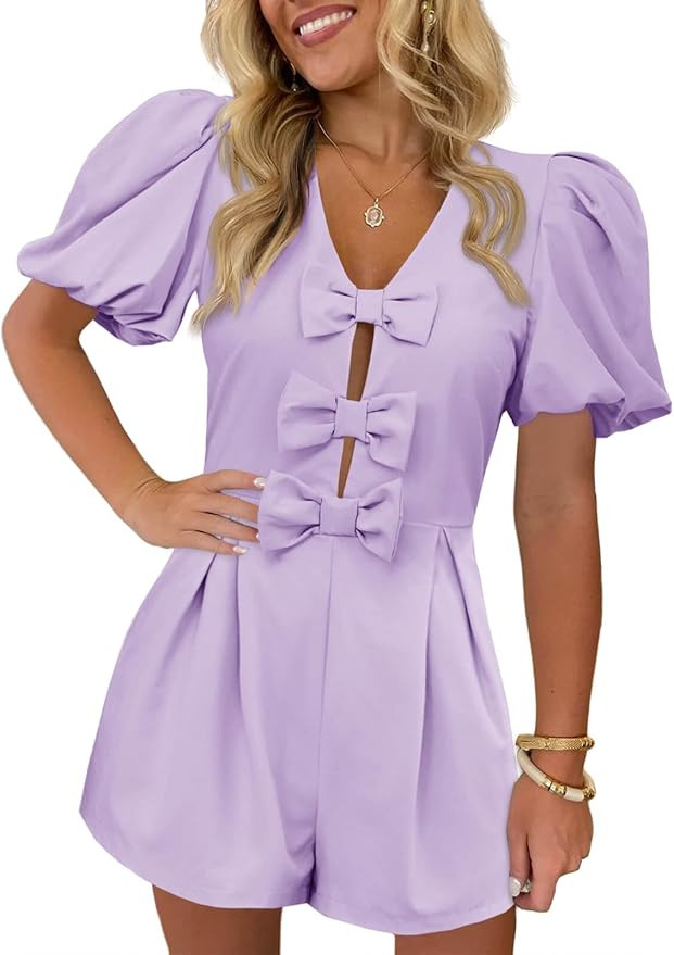 Cicy Bell Womens Cute Rompers Bow Front Puff Sleeve V Neck Short Jumpsuits Sexy Summer Outfits wi... | Amazon (US)