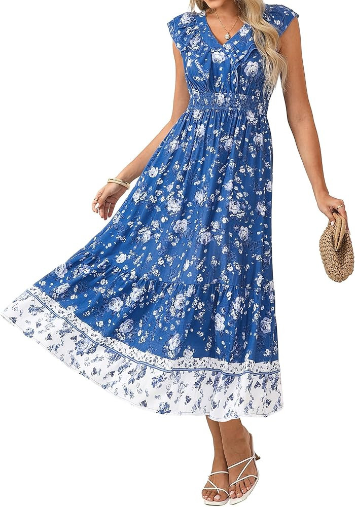 GRACE KARIN Women's 2026 Summer Floral Midi Dress,V Neck Ruffle Cap Sleeve Dresses,Flowy Wedding ... | Amazon (US)