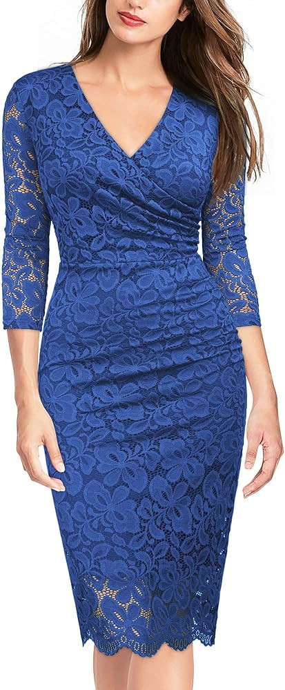 Miusol Women's Retro Deep-V Neck Ruffles Floral Lace Evening Pencil Dress | Amazon (US)