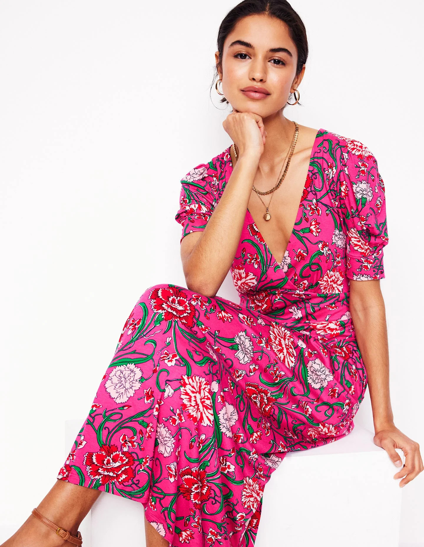 Kristen Pleated Jersey Dress-Pink Yarrow, Carnation Vine | Boden (US)