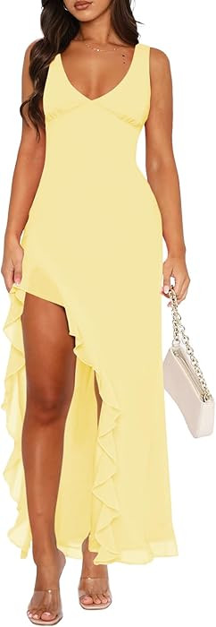 Women Sexy V Neck Sleeveless Mesh Ruffle Hem Bodycon Maxi Casual Backless High Slit Cocktail Part... | Amazon (US)
