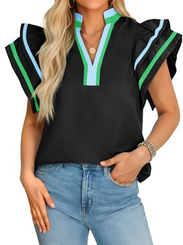 Cicy Bell Womens Ruffle Cap Sleeve Tops Color Block V Neck Dressy Casual Blouses Summer Pleated Loose Fit Shirts Black | Amazon (US)