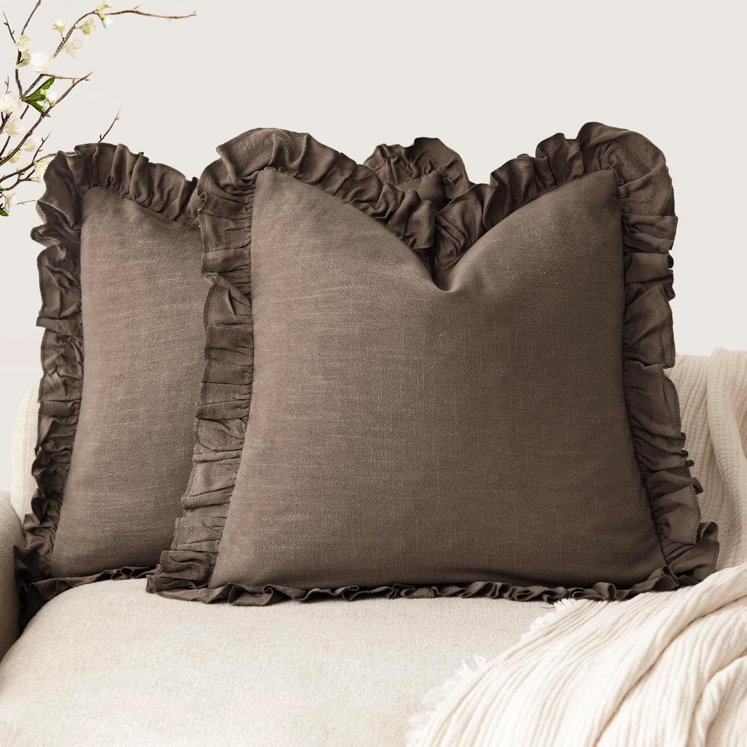 Foindtower Set of 2 Decorative Soild Fringe Ruffle Throw Pillow Covers Soft Boho Farmhouse Cushion Cover Cozy Accent Retro Pillowcase for Couch Sofa Bed Living Room Home Decor,20×20 Inch,Dark Brown | Amazon (US)