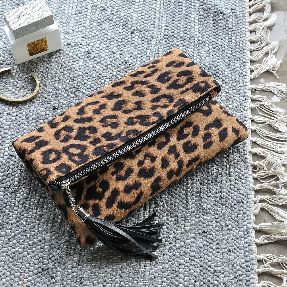 Leopard Zipper Foldover Clutch Envelope Purse Women Cross body Bag with Chain Strap | Amazon (US)
