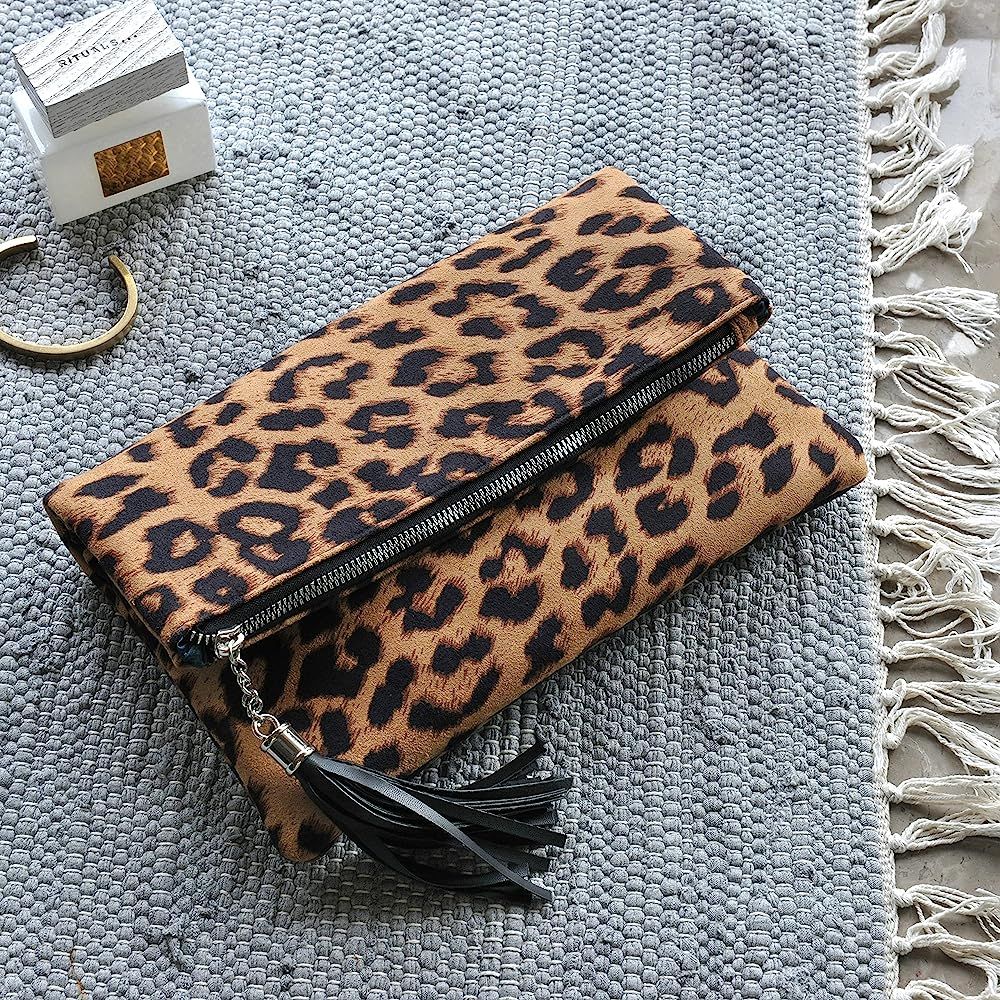 Leopard Zipper Foldover Clutch Envelope Purse Women Cross body Bag with Chain Strap | Amazon (US)