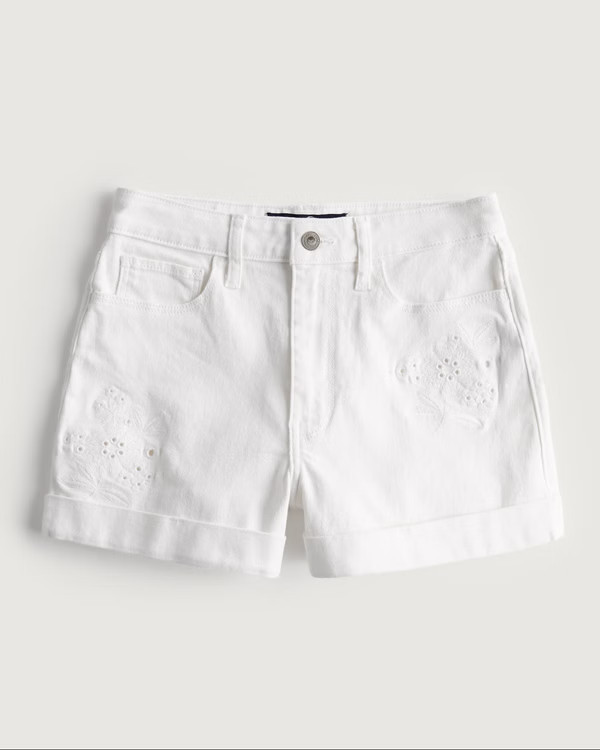 Ultra High-Rise Embroidered White Denim Mom Shorts | Hollister (US)