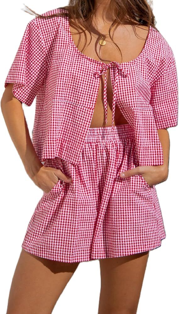 Women Plaid 2 Piece Pajama Shorts Set Tie Front Puff Sleeve Babydoll Shirt Gingham Shorts Pj Set ... | Amazon (US)