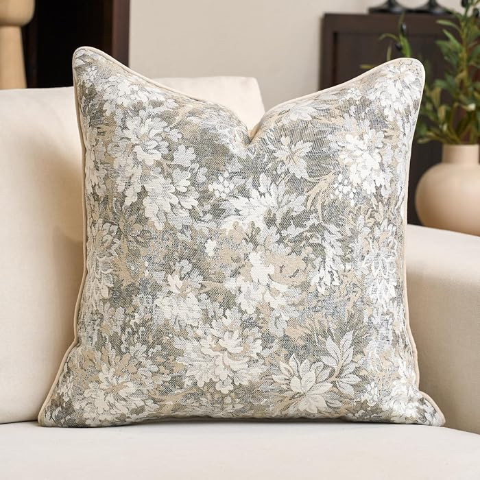 Alerfa Beige Neutral Floral Pillow Cover 20 x 20 Inch, Vintage Chenille Square Couch Pillow Cover... | Amazon (US)