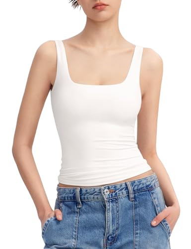 PUMIEY White Tank Tops for Women Square Neck Sleeveless Summer Tops, Splashed White Large | Amazon (US)