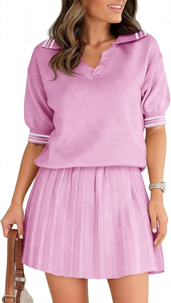 Fisoew Womens Summer 2 Piece Skirt Sets Short Sleeve V Neck Knit Sweater Tops Pleated Mini Skirt ... | Amazon (US)