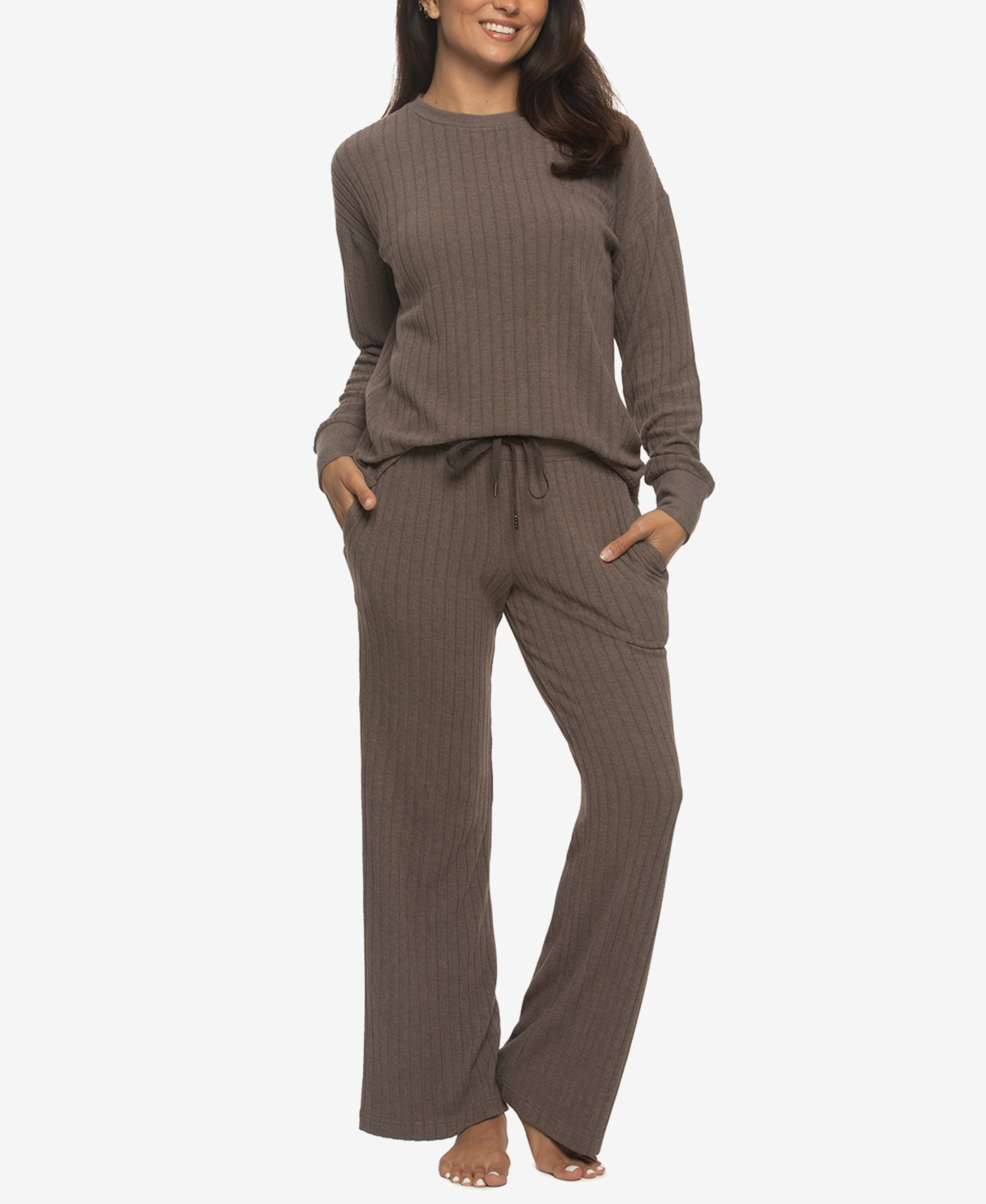 Felina Women's Regular Serena Crew Neck Pullover Brushed Rib Lounge Set - Shale | Macy's