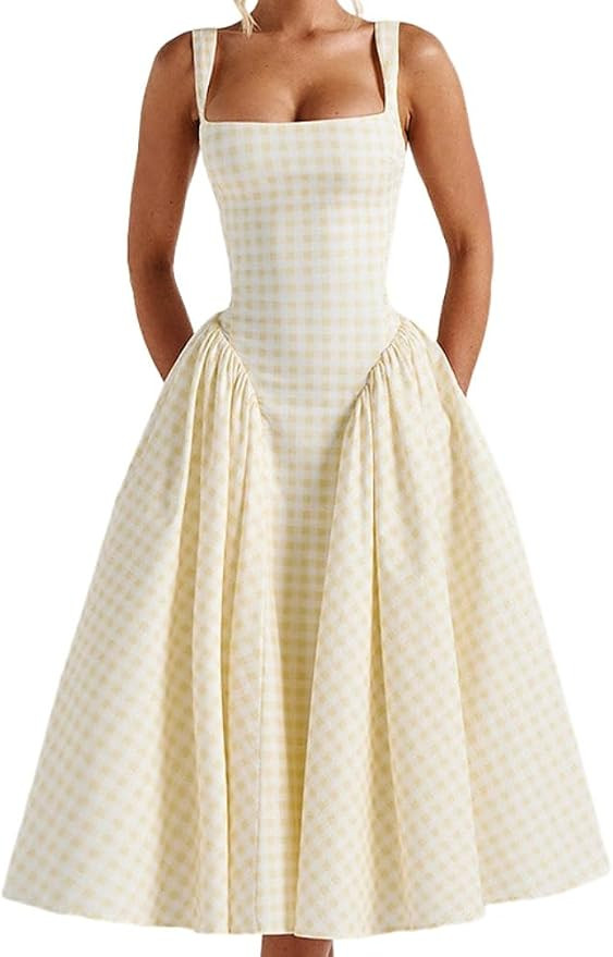 kiobrvhe Women's Summer Gingham Long Dress Plaid Dress Elegant Square Neck Sexy Backless Classica... | Amazon (US)