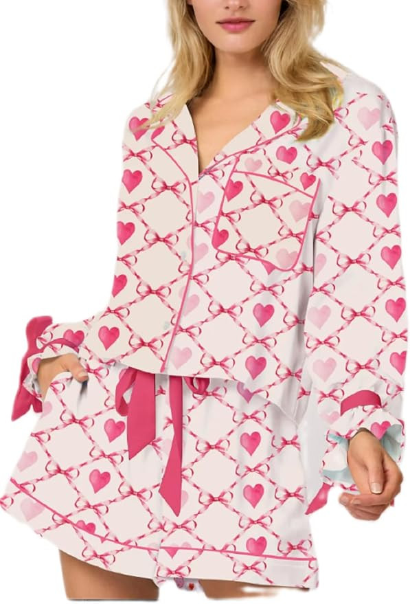 Argeousgor Women Valentine's Day 2 Piece Pajamas Set Bow Tie Button Long Sleeve Shirts Ruffle Sho... | Amazon (US)