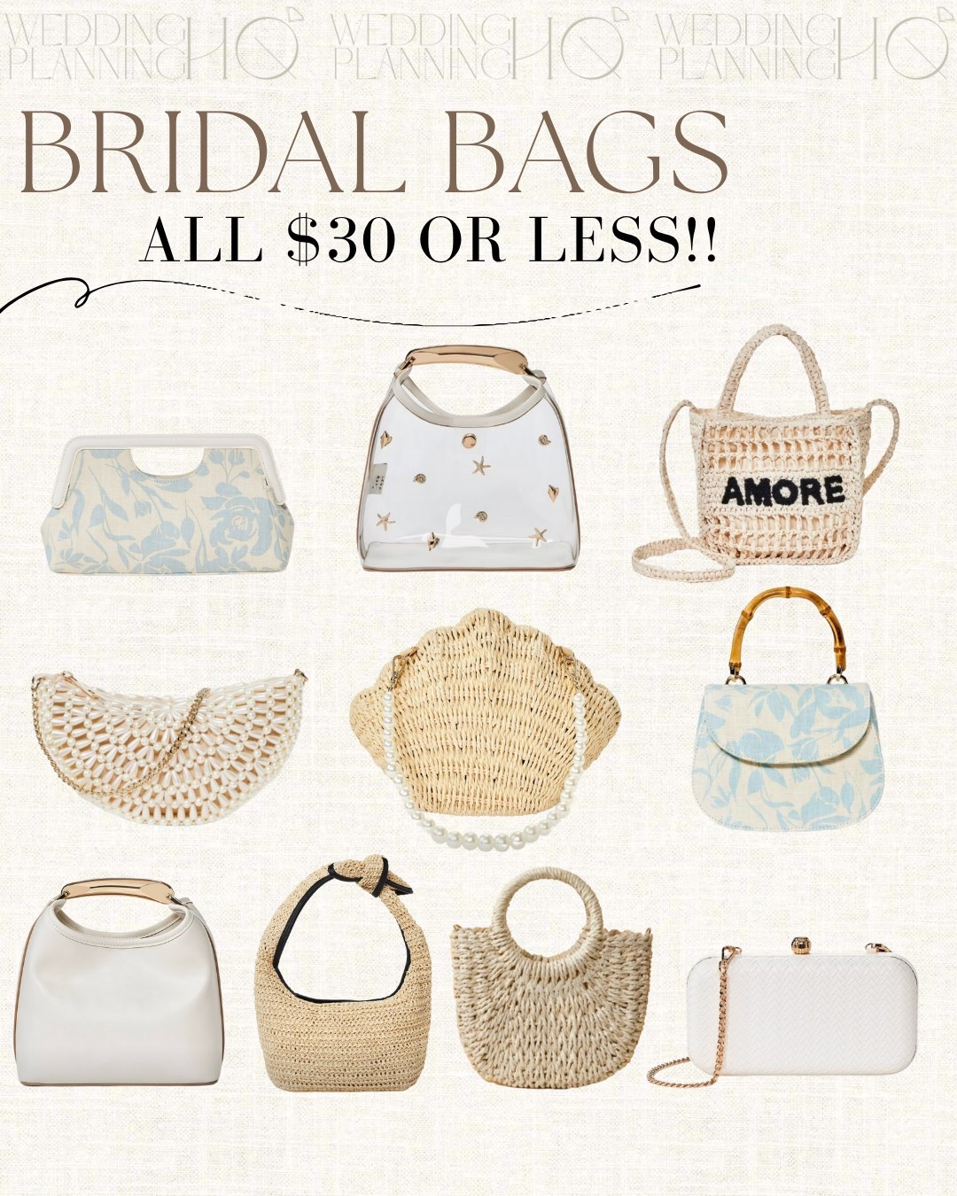 Bridal fashion - bags all under $30! Soo perfect and can totally be reused after your engagement season!

#weddingfinds #bridalfashion #bridal #2025wedding 

#LTKFindsUnder50 #LTKWedding #LTKItBag