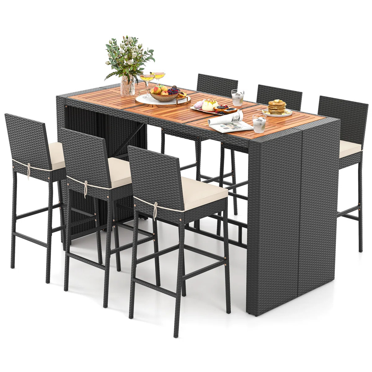 7-piece Patio Bar Dining Set Pe Rattan Furniture Set With Acacia Wood Tabletop & Soft Cushions | Wayfair North America