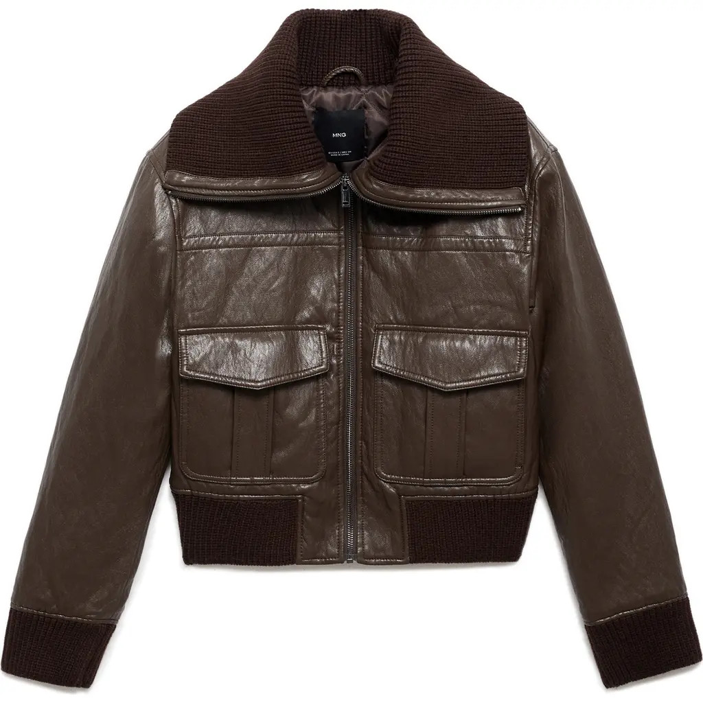 MANGO Crop Faux Leather Jacket in Brown at Nordstrom, Size X-Large | Nordstrom