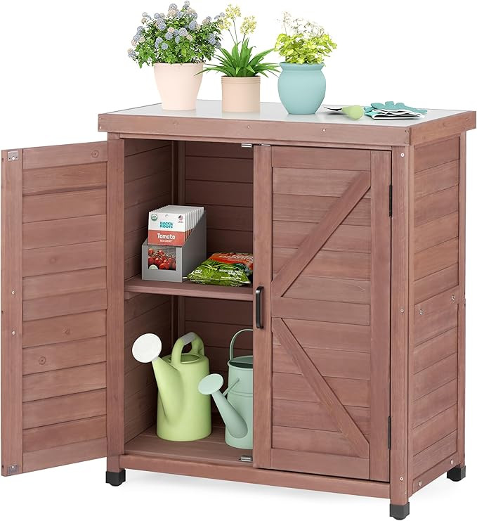 Outdoor Storage Cabinet & Potting Bench Table with Metal Top, Wooden Patio Furniture, Garden Work... | Amazon (US)