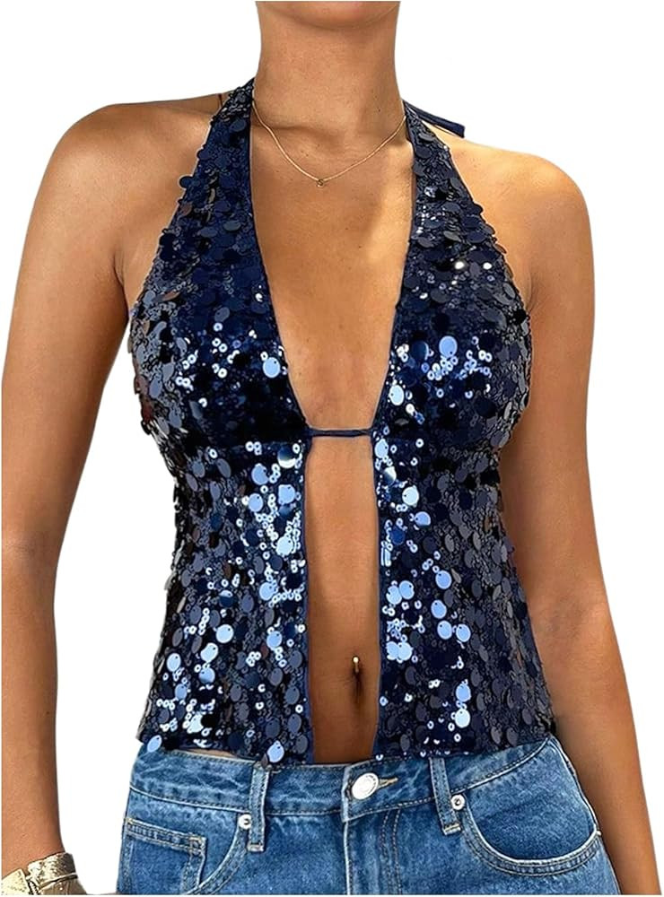 SOLY HUX Women's Sparkly Sequin Halter Tops Y2k Crop Top Night Out Party Outfits Streetwear | Amazon (US)