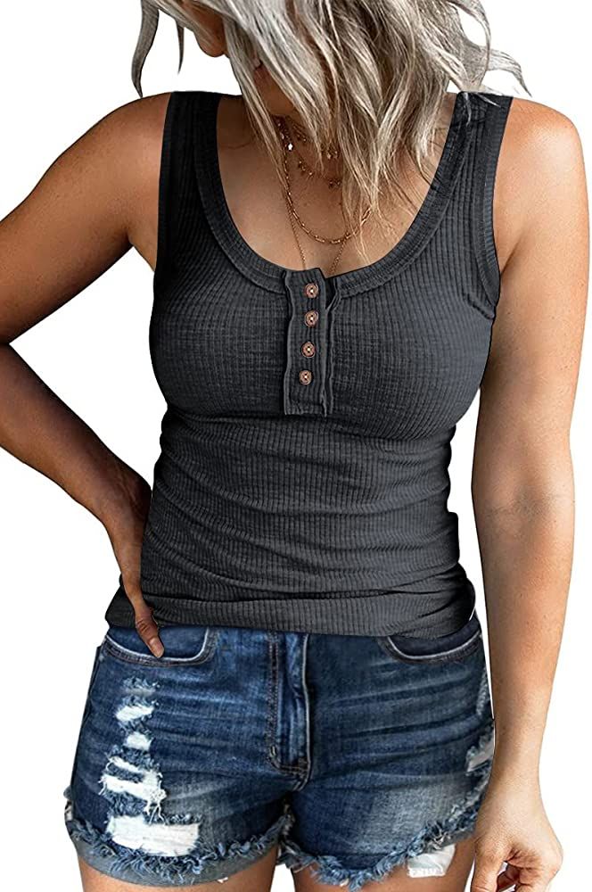 Kissfix Women Tank Tops Summer Casual Ribbed Sleeveless Basic Cami Top Slim Henley Button Down Blous | Amazon (US)