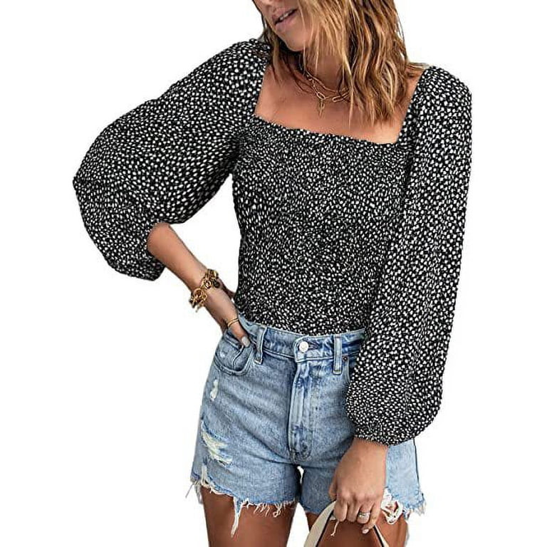 ONTNO Square Neck Blouses for Women Puff Long Sleeve Floral Print Shirts Smocked Slim Fit Tops - ... | Walmart (US)