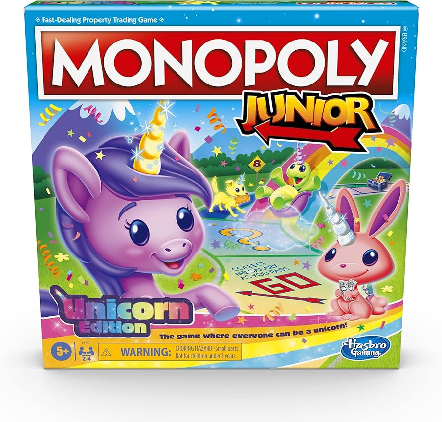 MONOPOLY Junior: Unicorn Edition Board Game for 2-4 Players, Magical-Themed Indoor Game for Kids ... | Amazon (US)