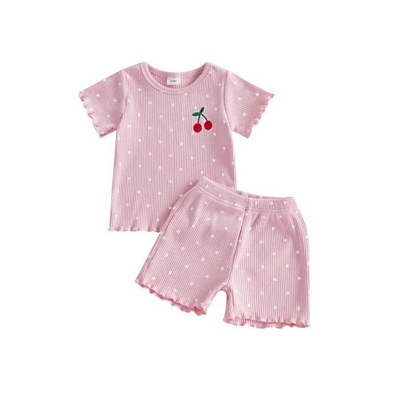 BemeyourBBs Toddler Baby Girls Summer 2 Piece Cherry Outfits Rib Knit Cherry Embroidery Polka Dot... | Walmart (US)