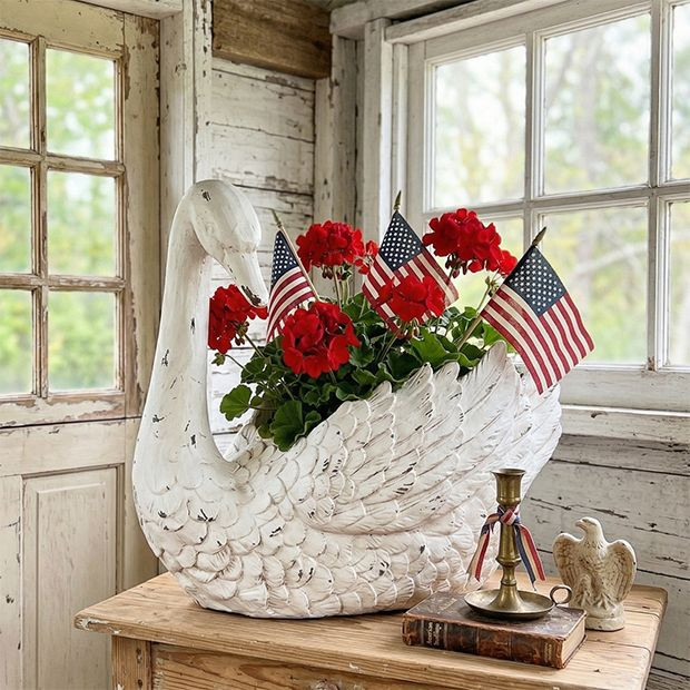 Distressed White Swan Planter | Antique Farm House