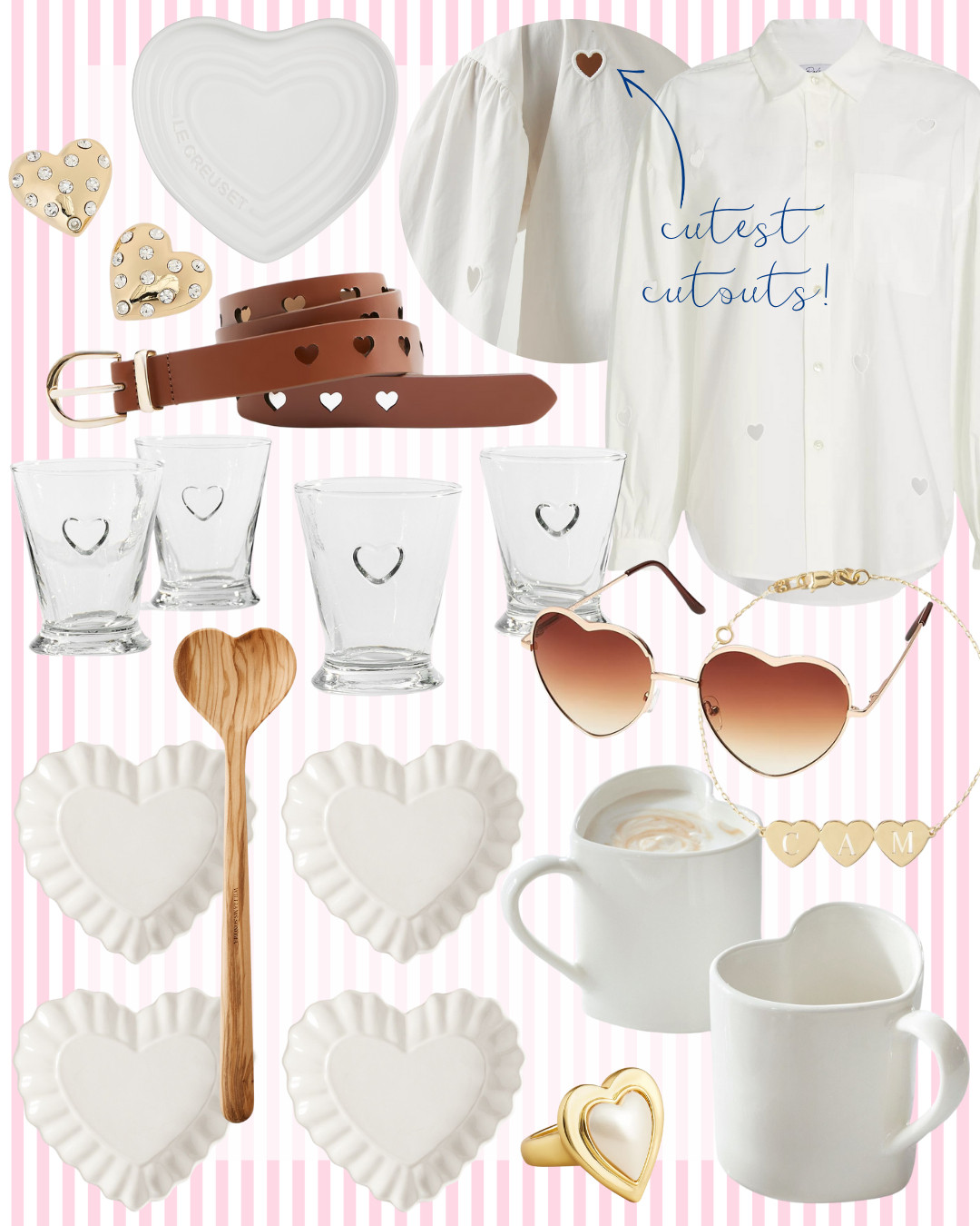 Sweet neutral HEARTS that you'll wanna use way past Valentine's Day! Love this cutout designer top - and I found it for 70% off! Classic white heart mugs, white heart dessert plates, heart glasses, and more! Heart sunglassess, monogrammed personalized heart bracelet and necklace, heart earrings, heart plates, heart ring, heart belt, heart olivewood spoon. Valentine's Day style, outfit, decor, gifts! 

 #LTKHome #LTKFindsUnder50 #LTKStyleTip
