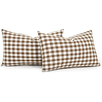 CARRIE HOME Buffalo Plaid Lumbar Pillow Covers 12x20 Set of 2, Khaki and White Gingham Check Lumb... | Amazon (US)