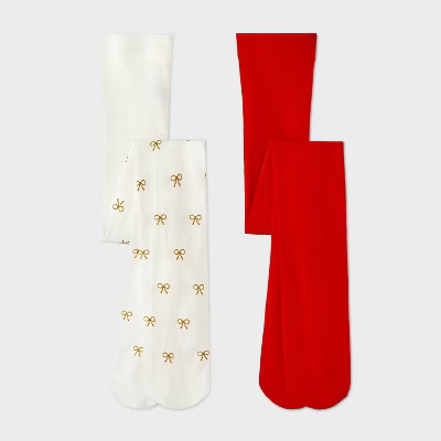 Girls' 2pk Holiday Sparkly Bow Tights - Cat & Jack™ Ivory/Red M | Target