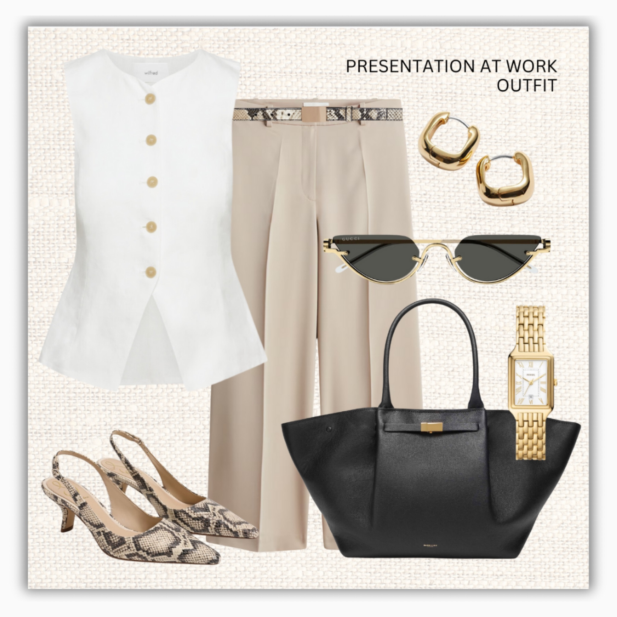 Presentation at work 👩🏼‍💻

‼️Don’t forget to tap 🖤 to add this post to your favorites folder below and come back later to shop

Make sure to check out the size reviews/guides to pick the right size

Workwear, office outfit, office look, summer work outfit, waistcoat, tote bag, snake print slingbacks, beige tailored pants, trousers 

#LTKSeasonal #LTKStyleTip