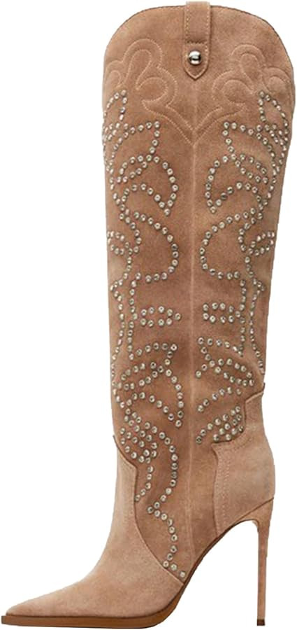 Women's Cowboy Boots Wide Calf Stiletto Knee High Fashion Pointed Toe Side Zipper High Heel Boots | Amazon (US)
