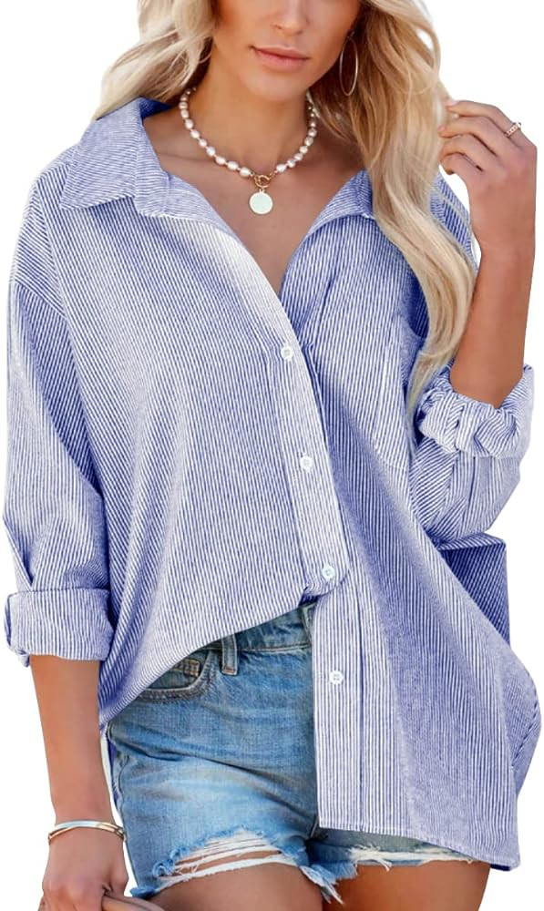 Flowyair Women's Oversized Button Down Shirts Business Casual Long Sleeve Blouse Work Striped Top... | Amazon (US)